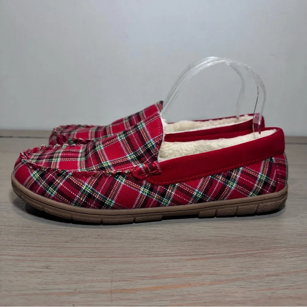 Lands‎ End Men’s Red Plaid Flannel Faux Shearling Lined Moccasin Slippers Size 8
